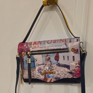 Nicole Lee Blue and Pink Crossbody Bag with Artistic Print